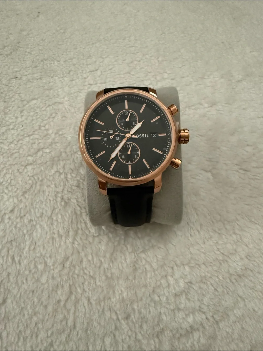 Fossil Men's Black Dial Watch with Rose Gold-Tone Case